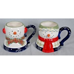 Set of (2) Debbie Mumm Snowman Portraits Large 3D Ceramic‎ Christmas Mugs Cups